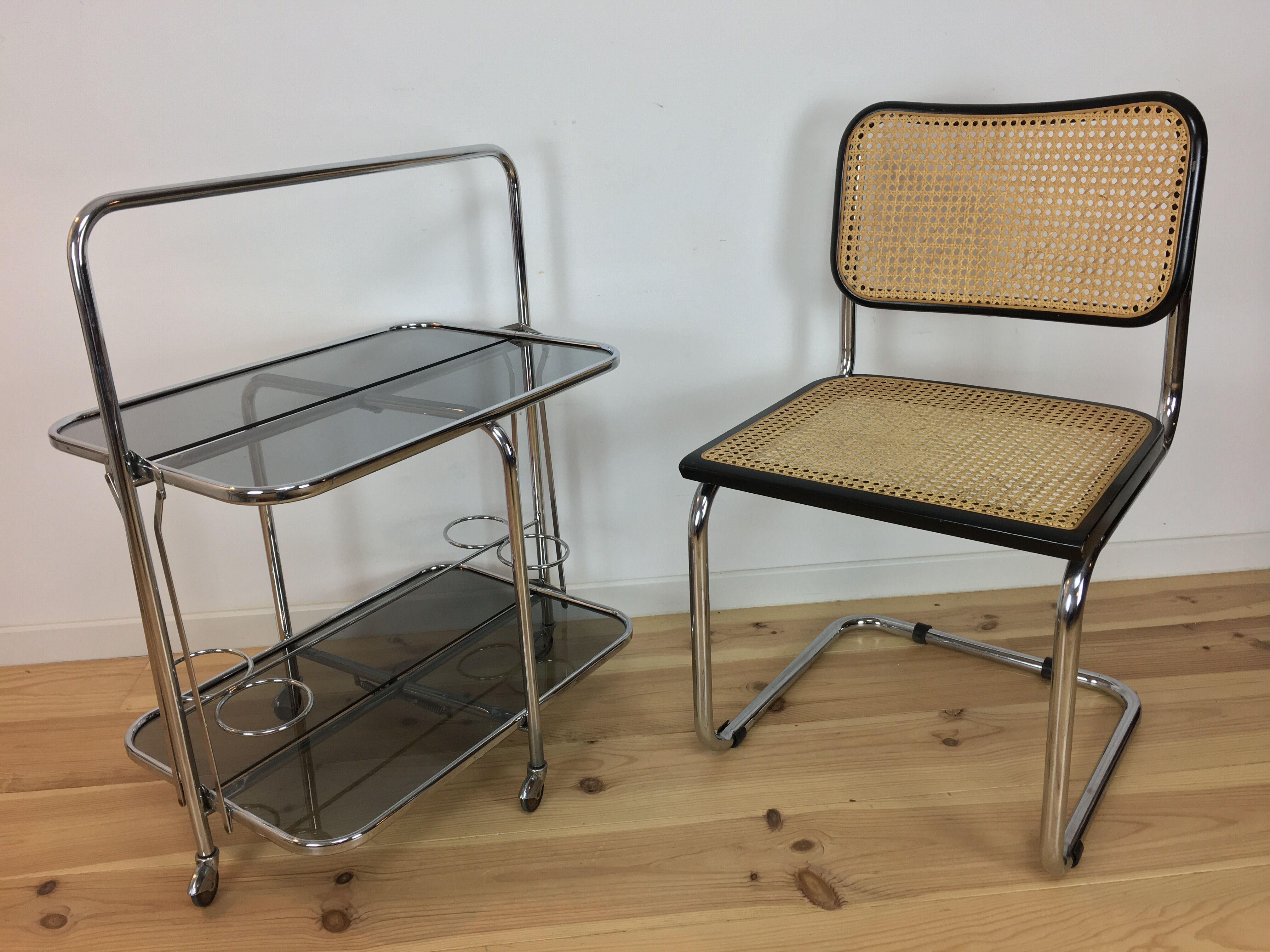 70s chrome folding dessert, smoked glass bar