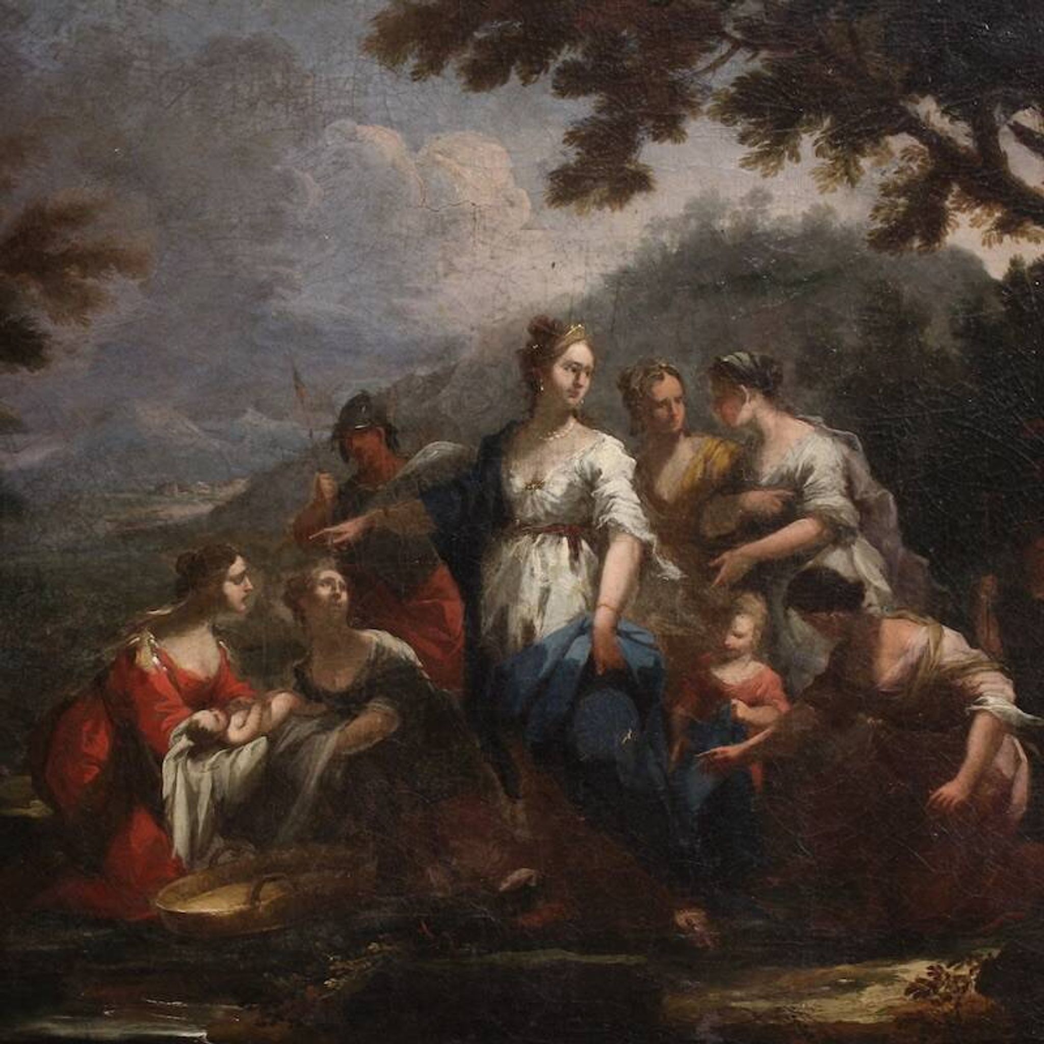 Antique Venetian painting from the 18th century, Moses saved from the water