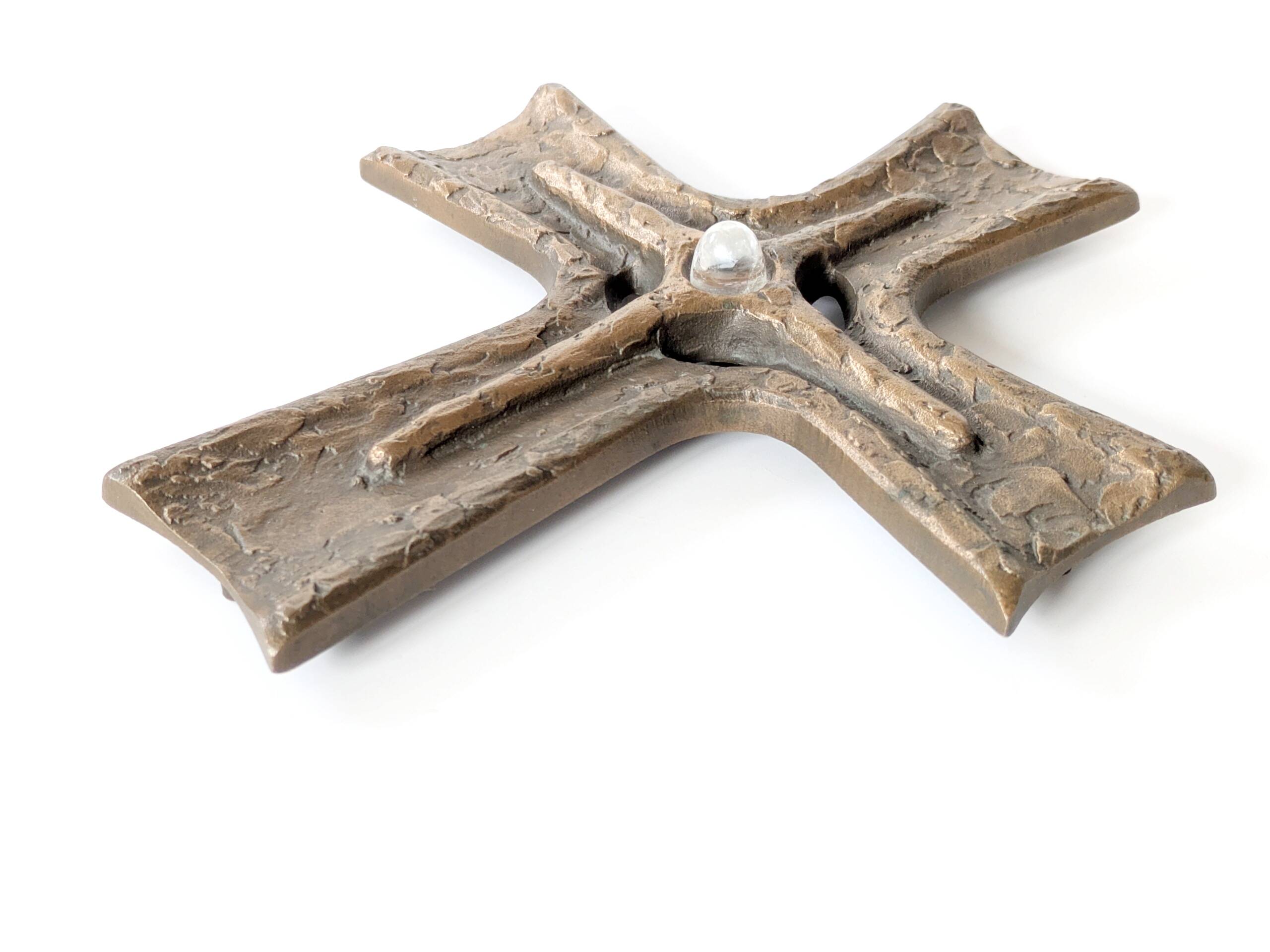 Vintage brutalist bronze crucifix, religious art from the 1950s