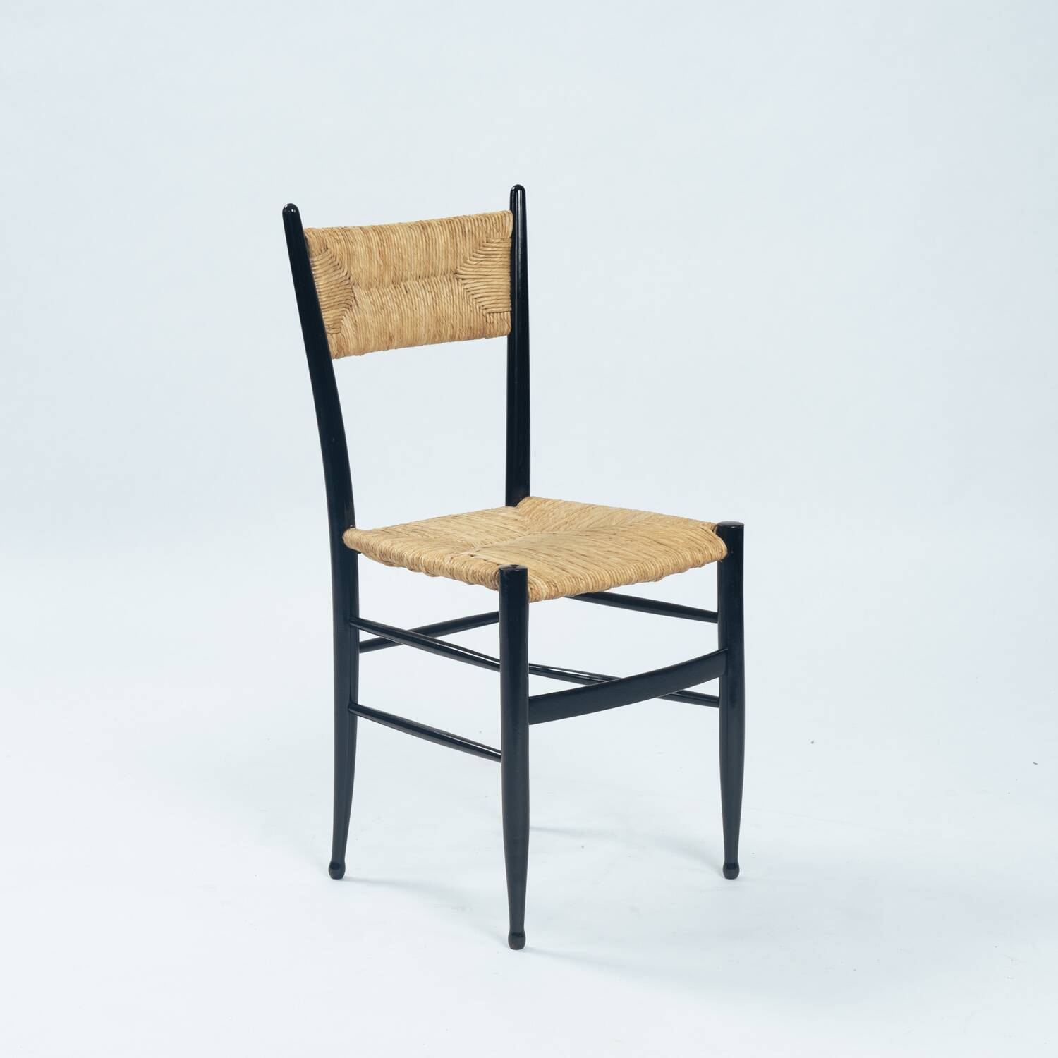 Chaises italiennes Chiavari en hêtre et paille noires, années 1950