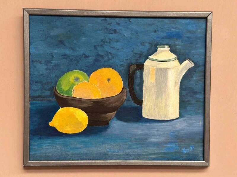 Oil on canvas "Still life with fruits and bottle" by S. Catchings, framed 50×41cm