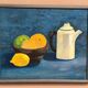 Oil on canvas "Still life with fruits and bottle" by S. Catchings, framed 50×41cm