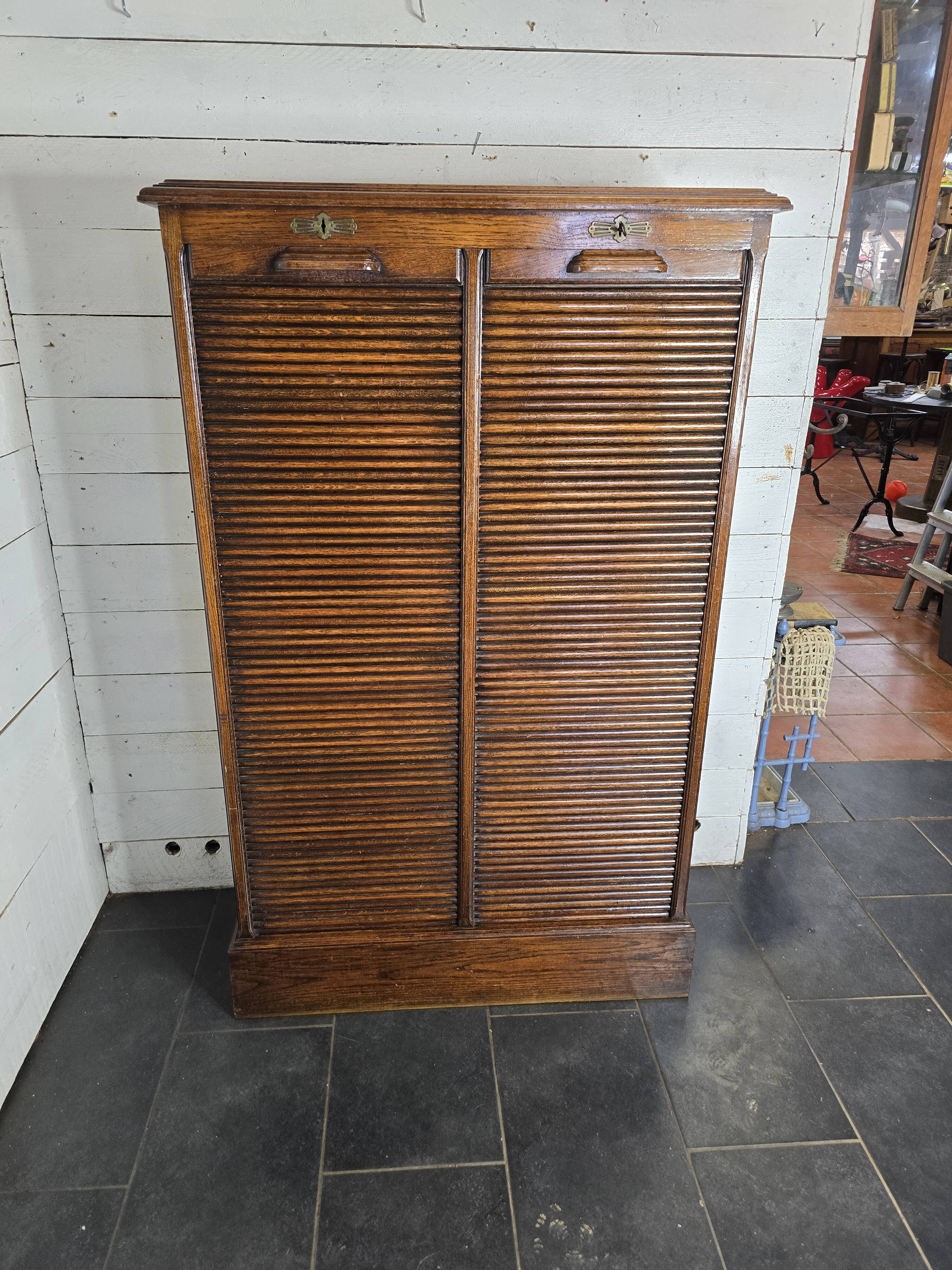 Solid oak double curtain filing cabinet