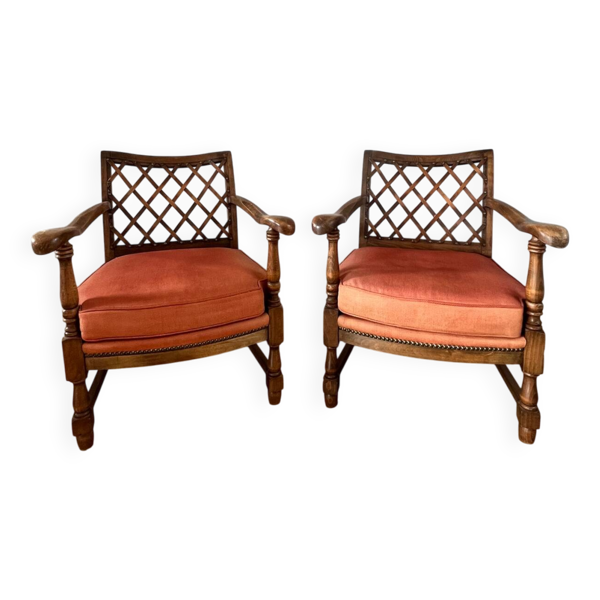 2 fauteuils vintage en bois et tissu — Beyit