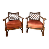 2 vintage armchairs in wood and fabric