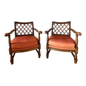 2 vintage armchairs in wood and fabric