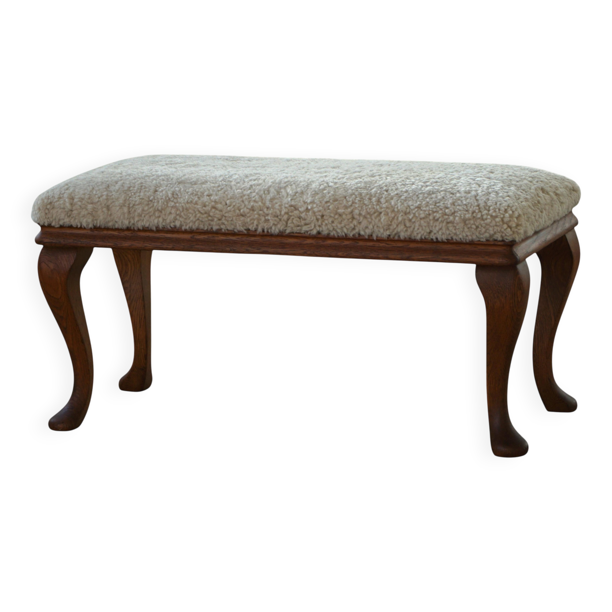 Danish rococo-style bench, cabriole legs and lambswool seat, early 20th century.