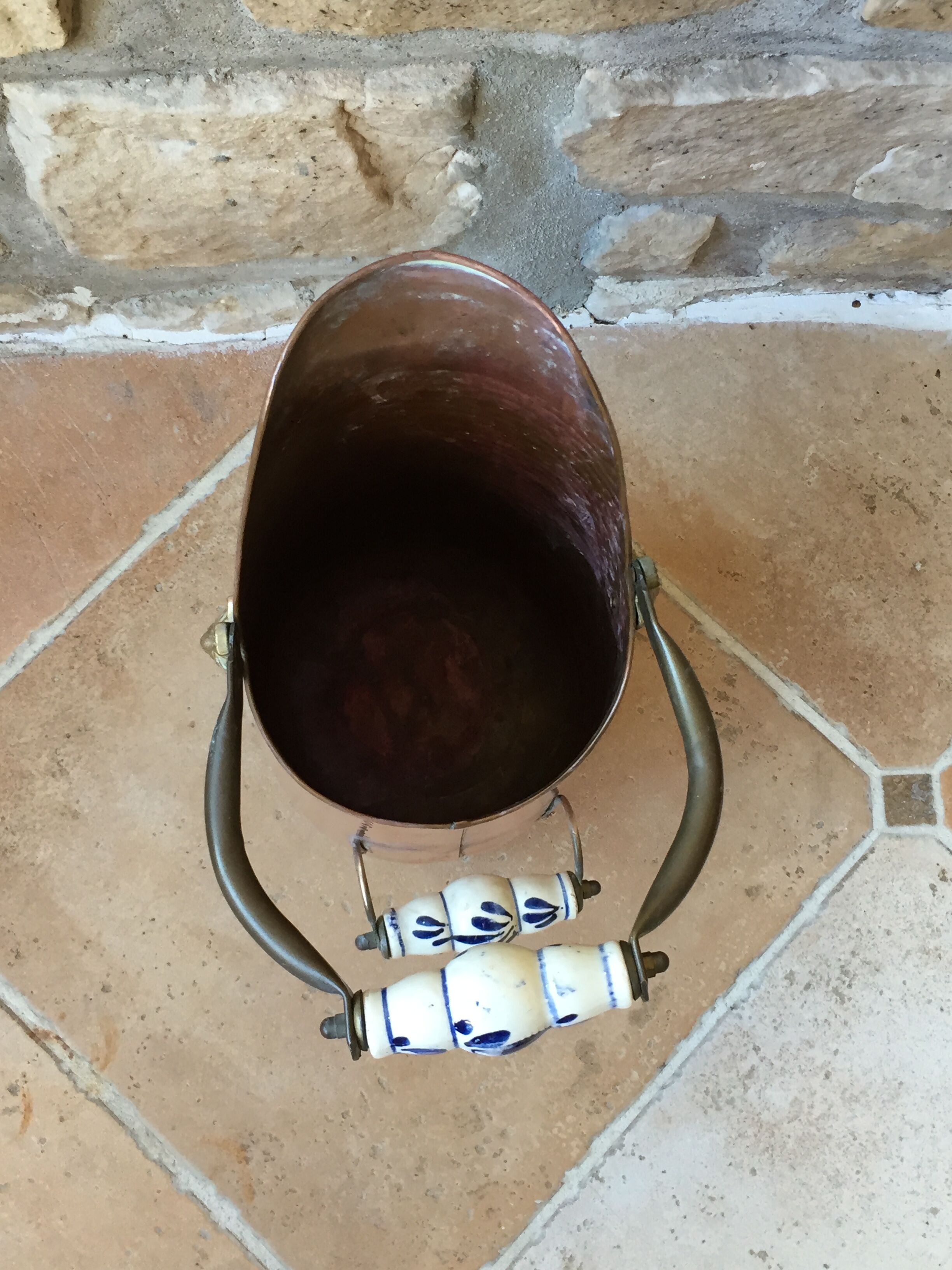 Pink hammered copper coal bucket and porcelain handles