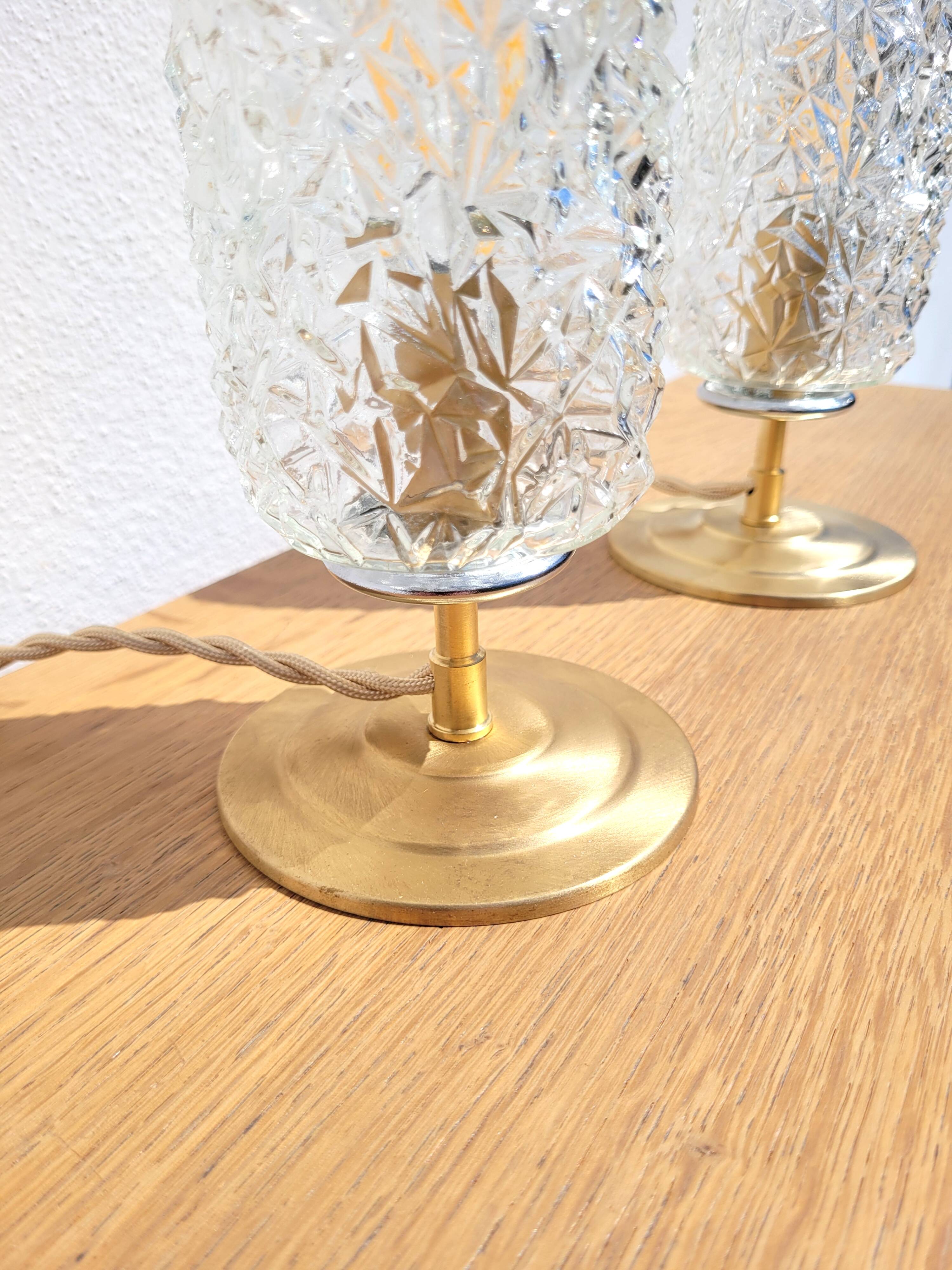 Pair of vintage diamond and brass tulip lamps