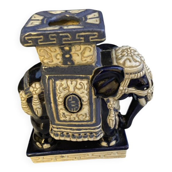 Sellette éléphant vintage en céramique émaillée bleu cobalt