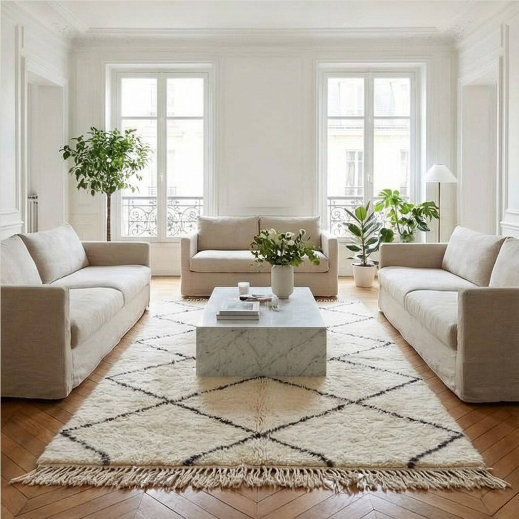 White Berber rug with black diamonds 150x260 cm