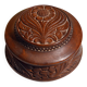 Boîte ronde en bois en merisier, tournée et sculptée, motif floral, 12x10cm