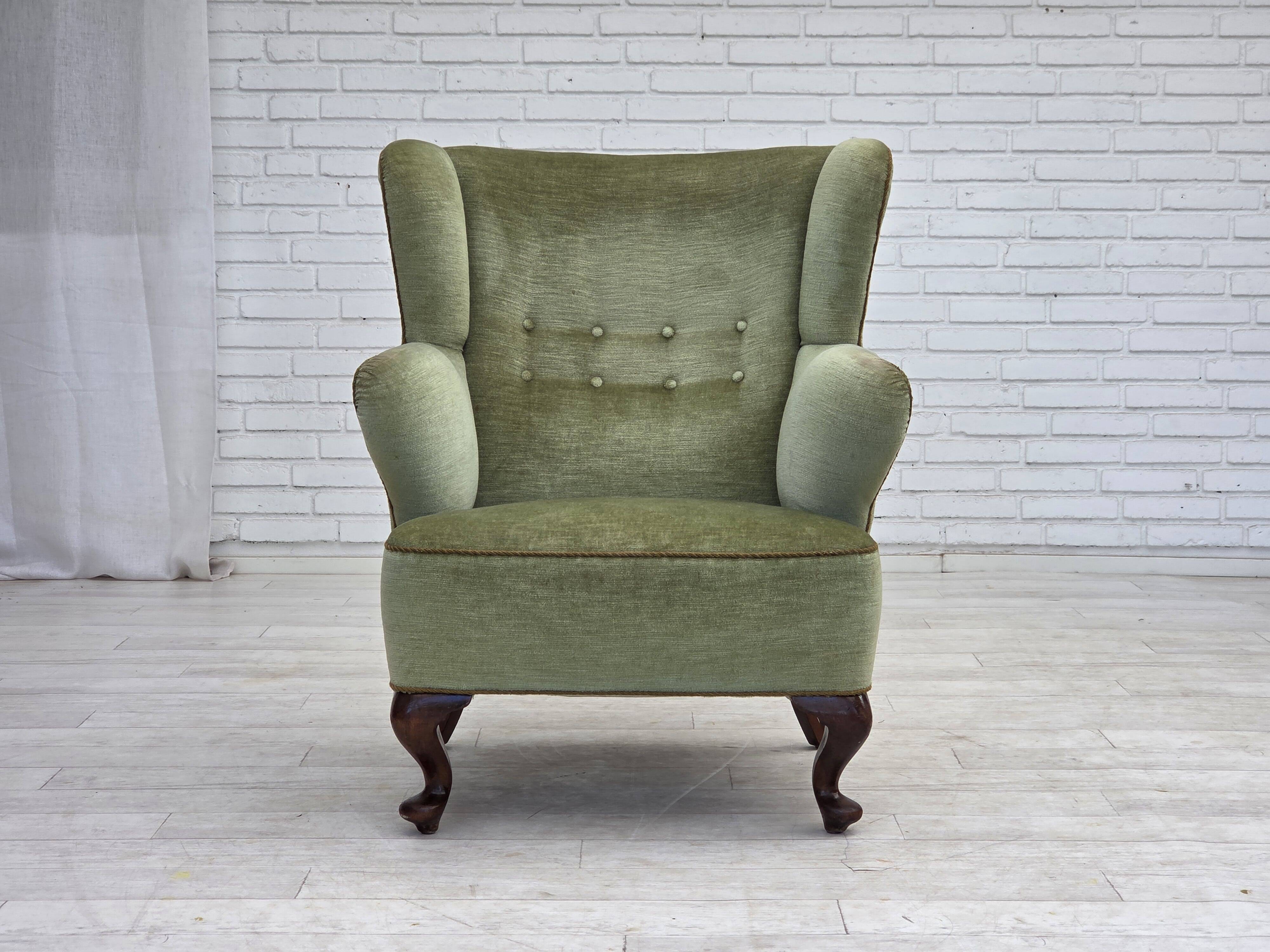 1960s, Scandinavian armchair, green furniture velour, oak wood legs.