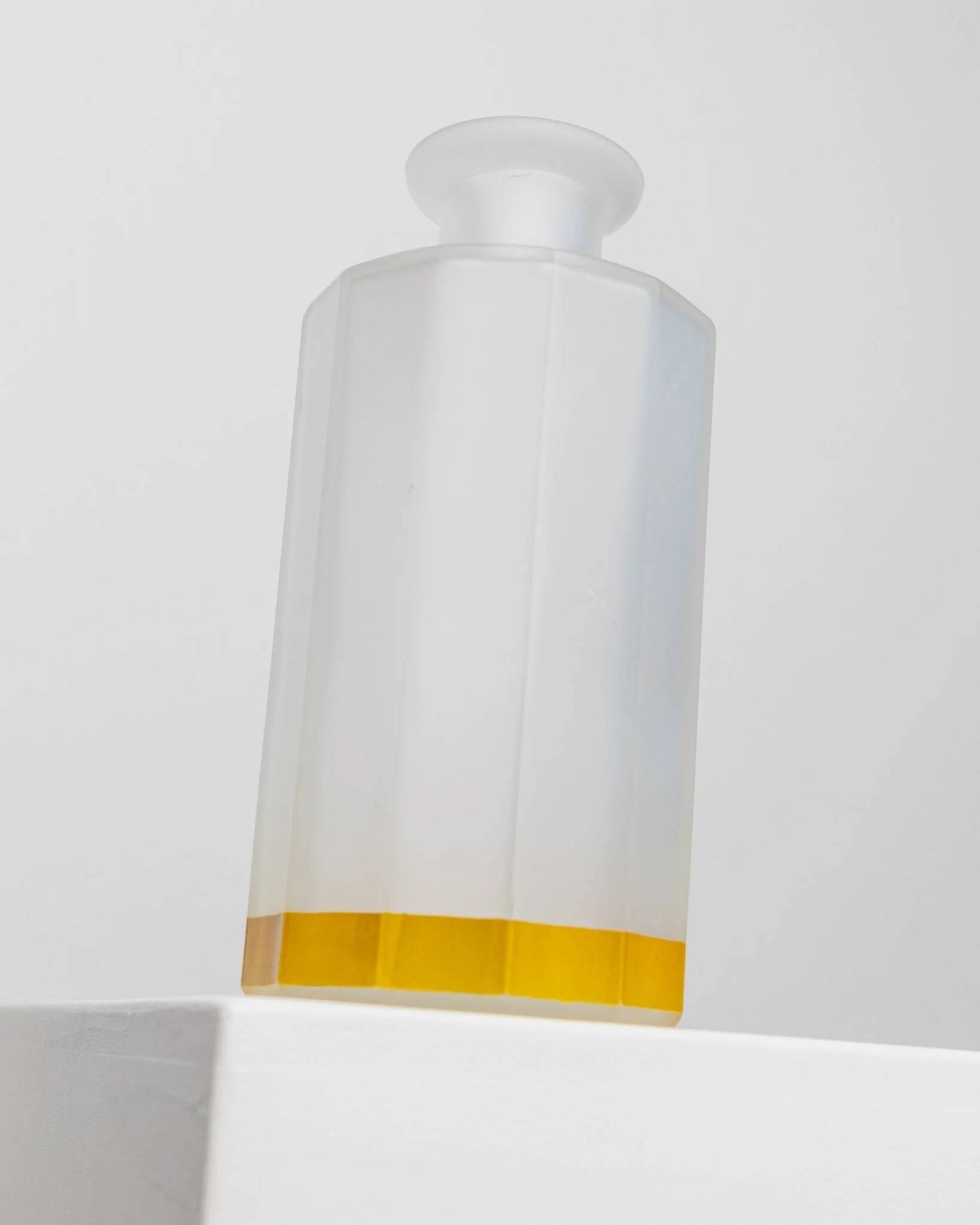 Vintage milky glass vase with yellow base, twelve-faced silhouette, Italian Bormioli, 1980s