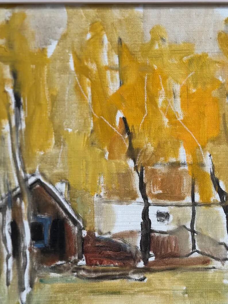 Original Swedish Oil on Canvas – "Houses and Trees in Autumn" by Pia H. Campbell