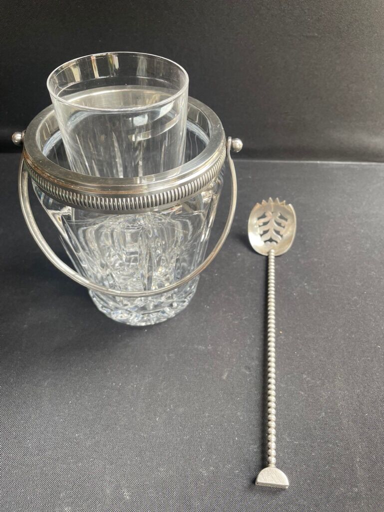 Ice bucket with spoon and glass – cut crystal and silver metal