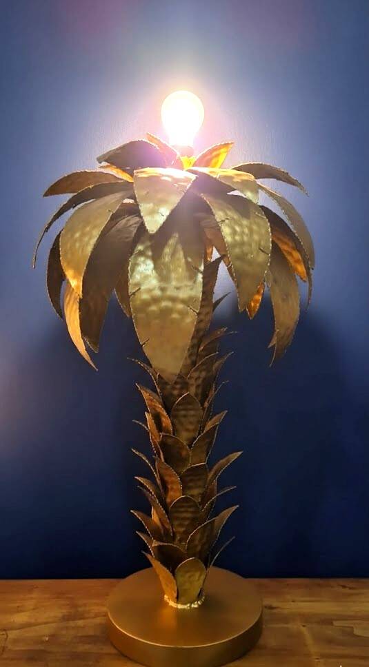 Hollywood Regency Palm Tree Lamp Trio – Hammered Gold Metal