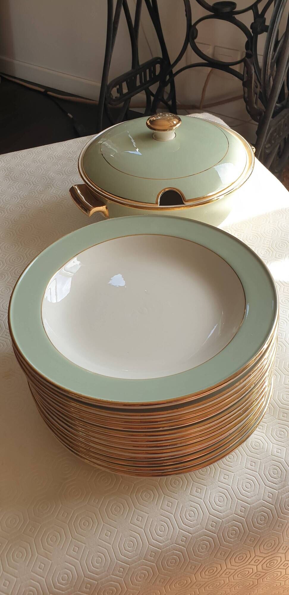 Vintage soup service in celadon green and ivory by villeroy & boch.