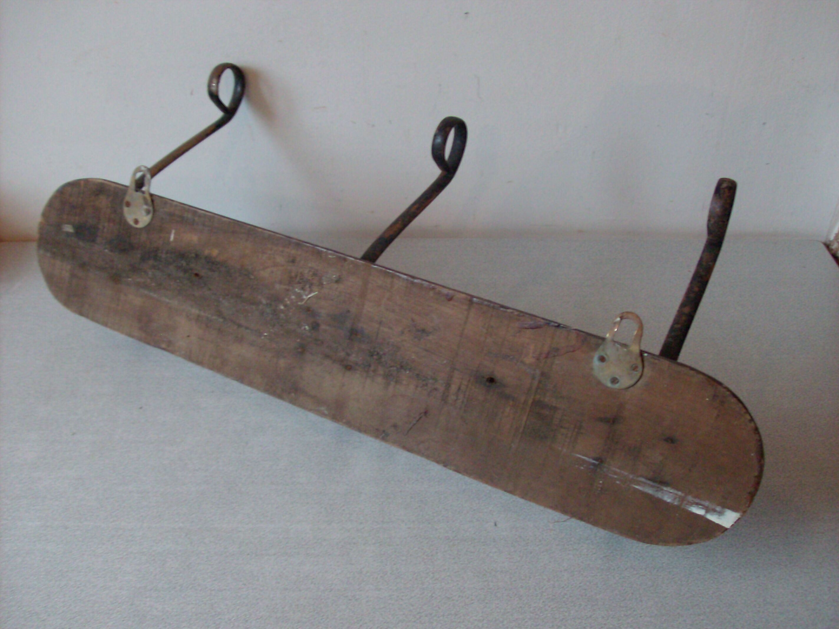 Old wall coat rack 3 metal hooks on wood deco retro entrance hall