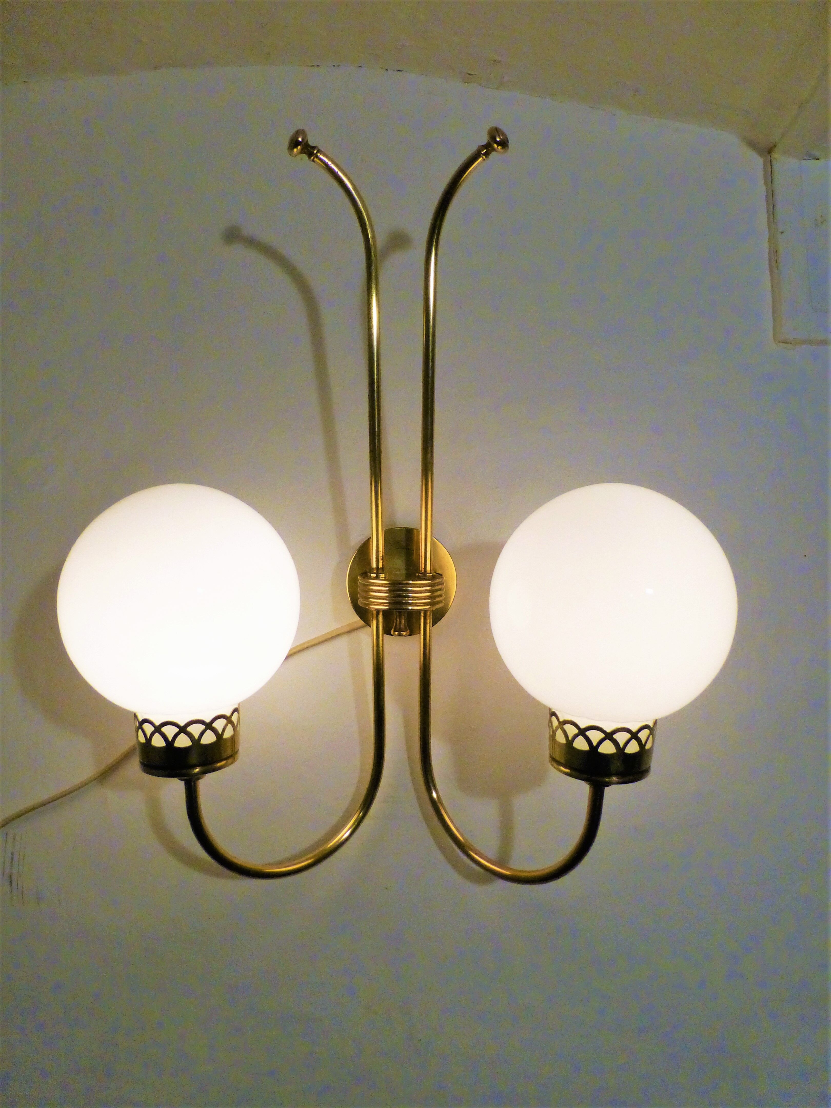 Trio of applique art deco brass and opaline. 1940