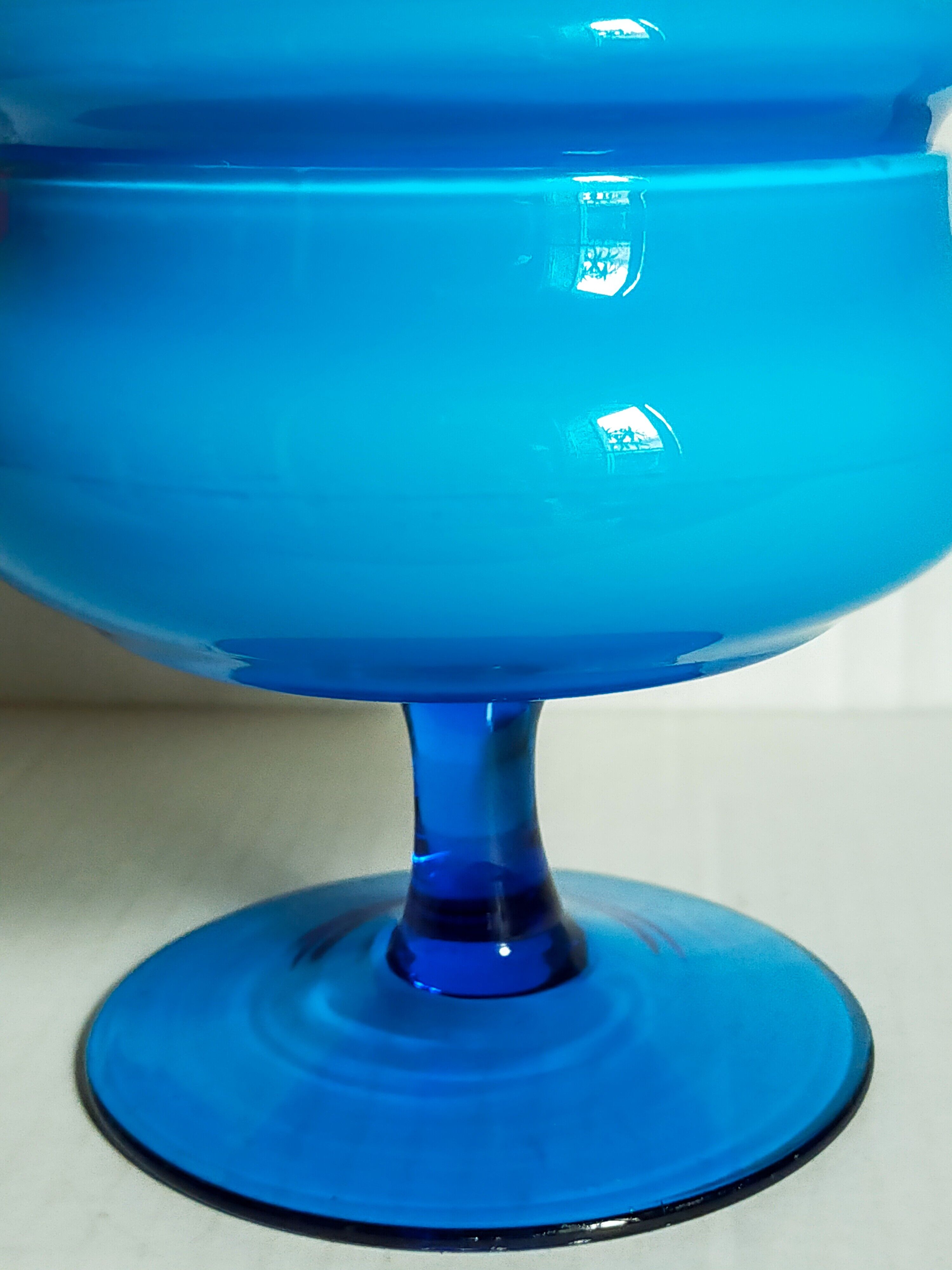 Covered pot on foot in vintage blue opaline