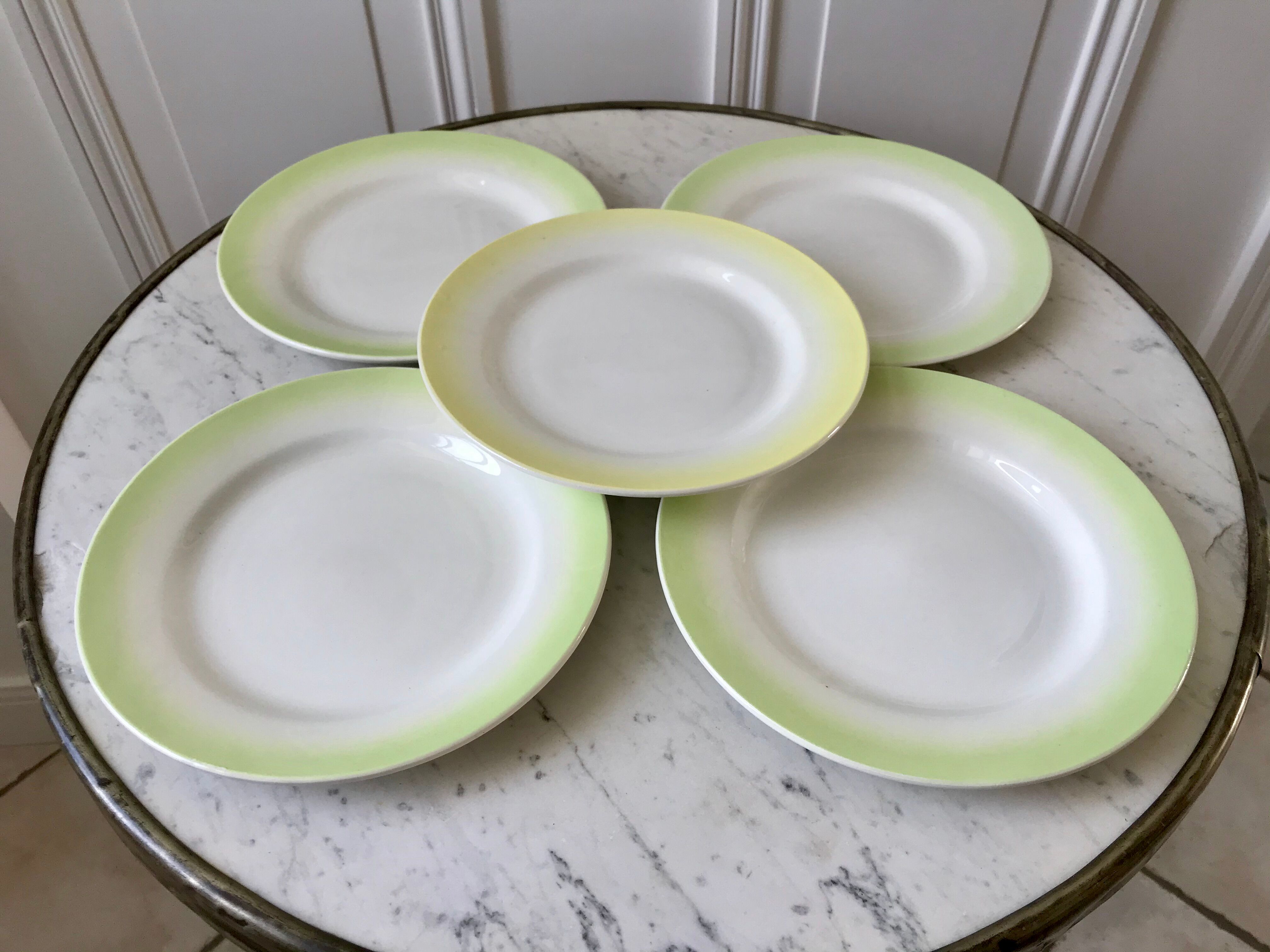 set of 5 dessert plates Digoin green and light yellow gradient pastel years 40-50