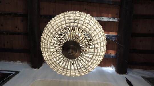Spherical pendant light with crystal tassels and seed beads / vintage.