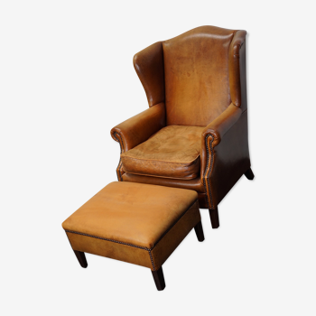 Vintage dutch cognac colored wingback leather club chair