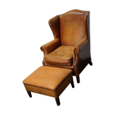 Vintage dutch cognac colored wingback leather club chair