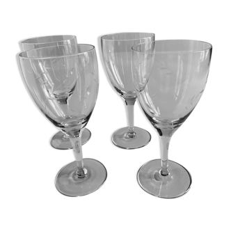 Set of 4 wine glasses in engraved glass with flowers