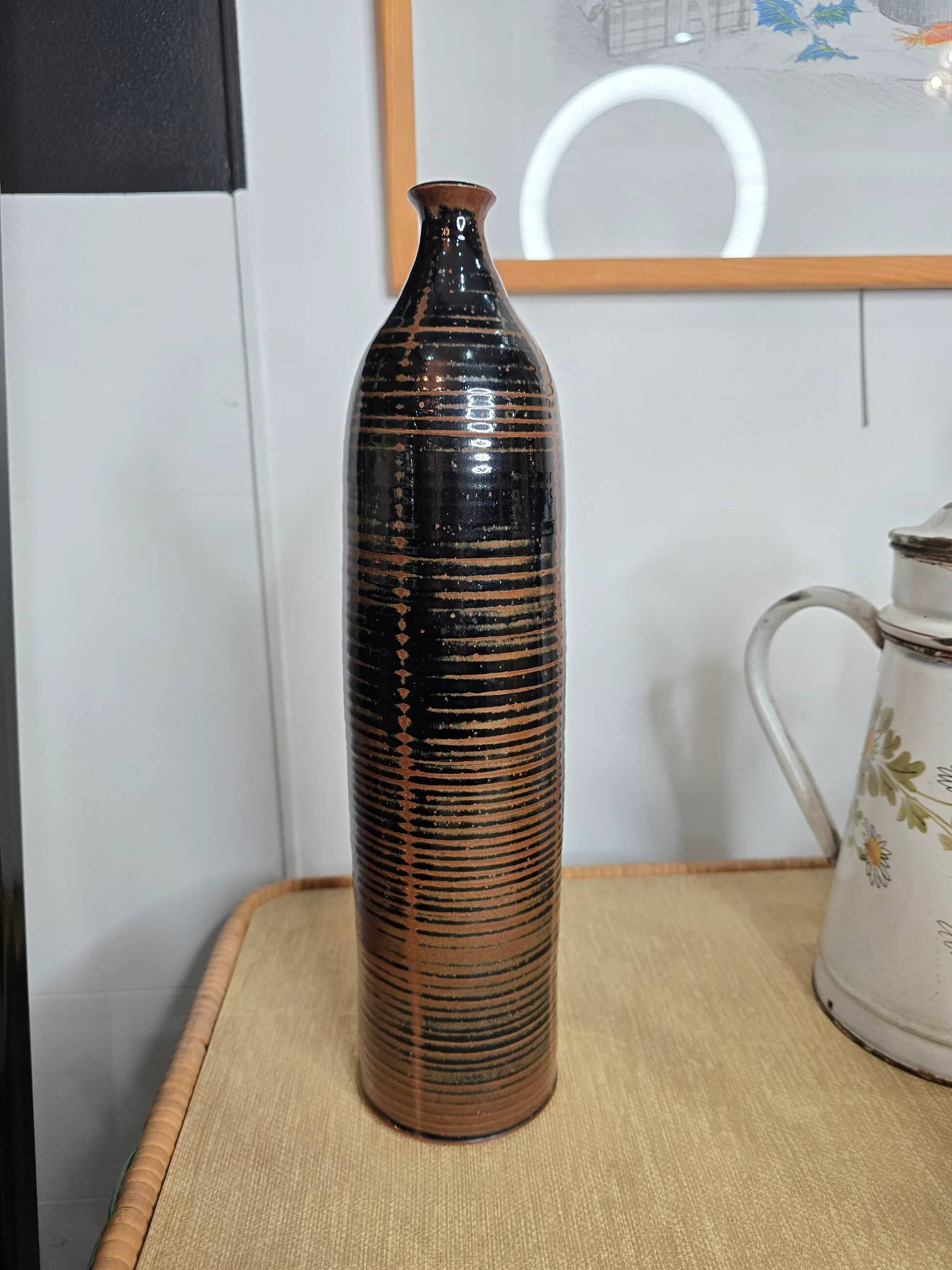 Glazed striped stoneware vase – Brown and black tones – Handmade – 1970s