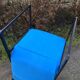 Electric blue fabric designer armchairs with black lacquered metal legs from the 80s.