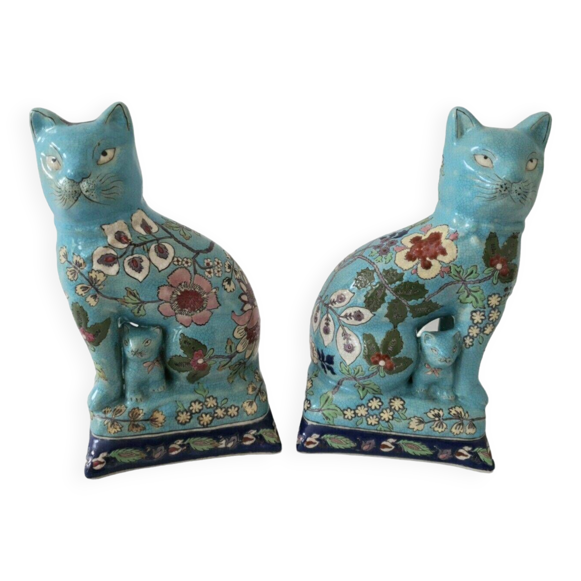 Pair Of Longwy Cross Of Lorraine Cat And Kittens Bookends Multicolored