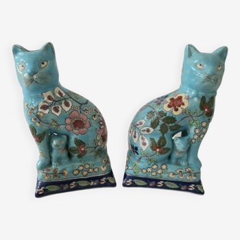 Pair Of Longwy Cross Of Lorraine Cat And Kittens Bookends Multicolored
