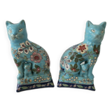 Pair Of Longwy Cross Of Lorraine Cat And Kittens Bookends Multicolored