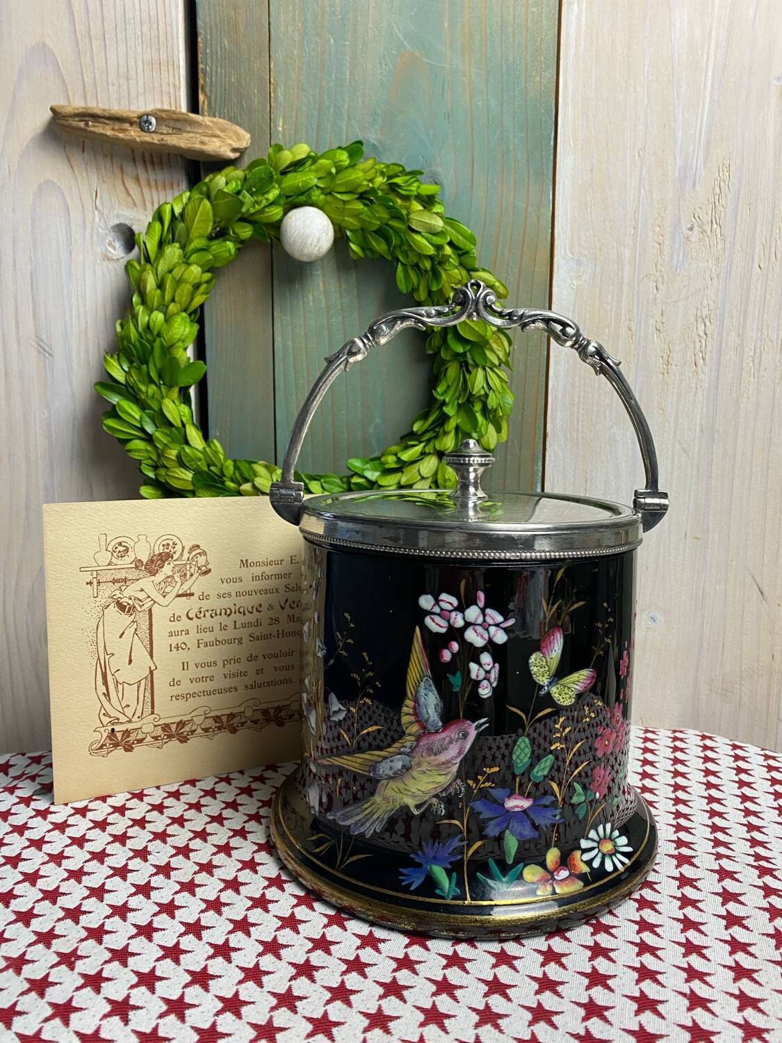 English porcelain and silver-plated metal cake tin