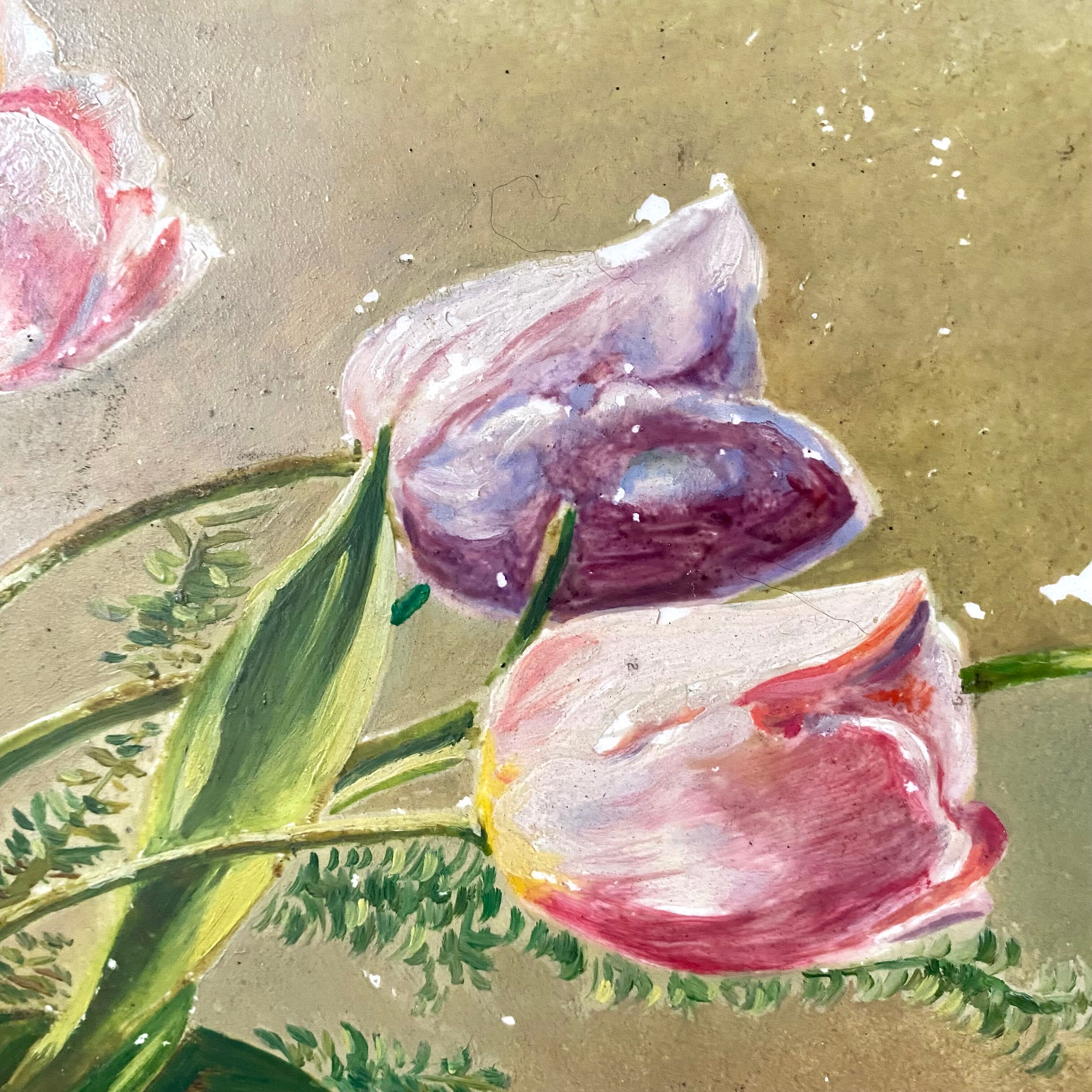 Antique decorative dish with painted flowers, signed