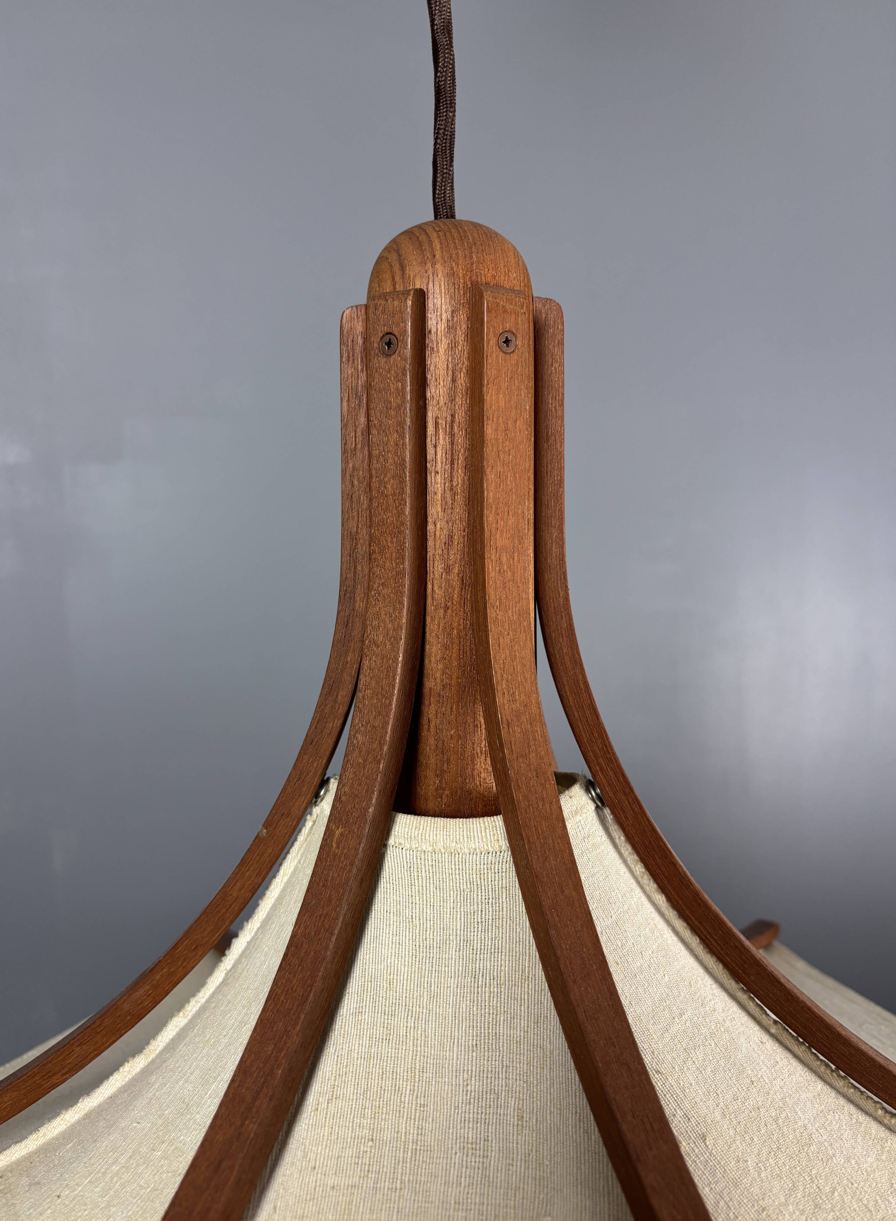 Teak And Linen Umbrella Counter Balance Pendant By Domus, 1970s