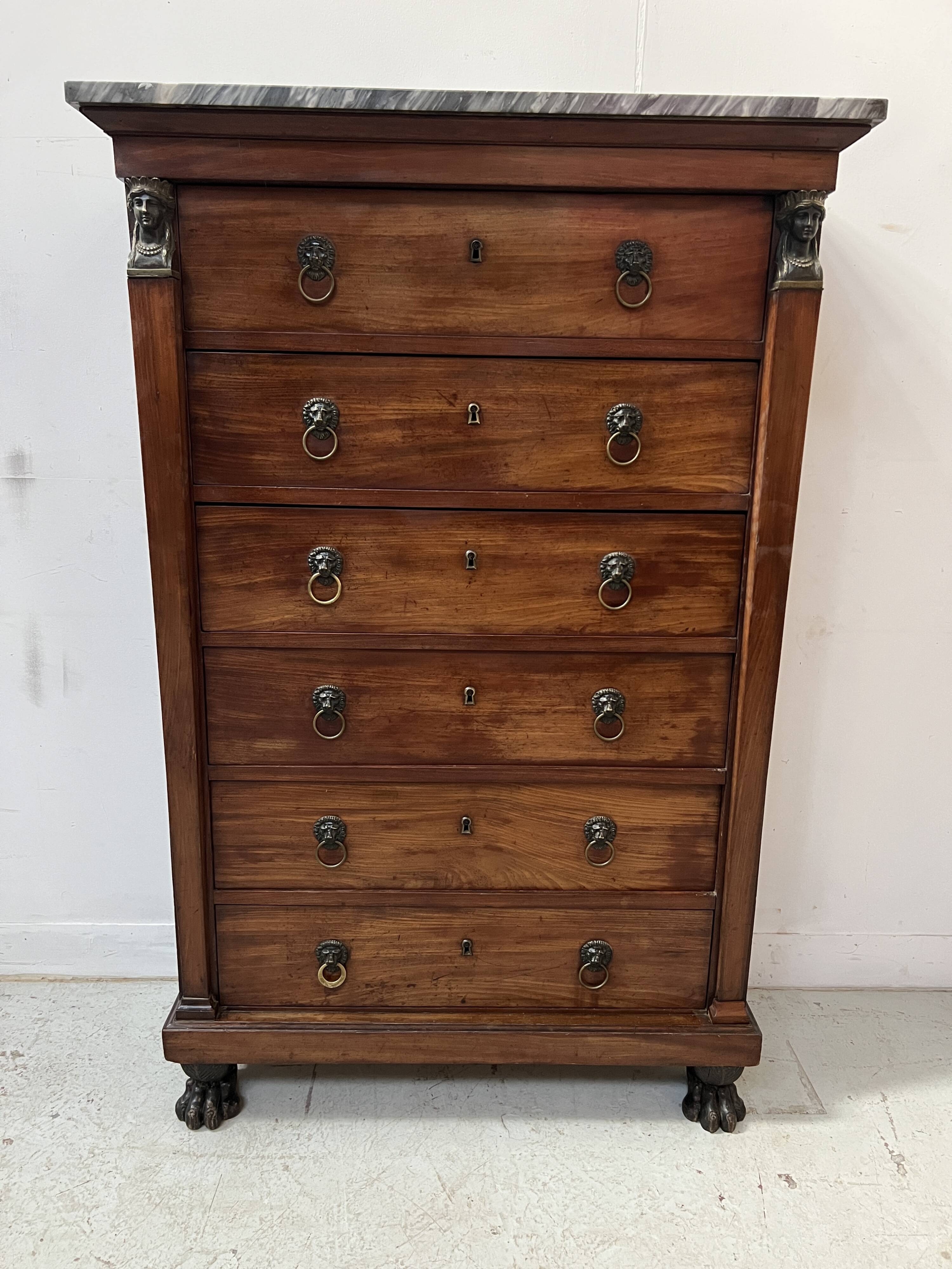Empire period chest of drawers in mahogany and veneer, 19th century