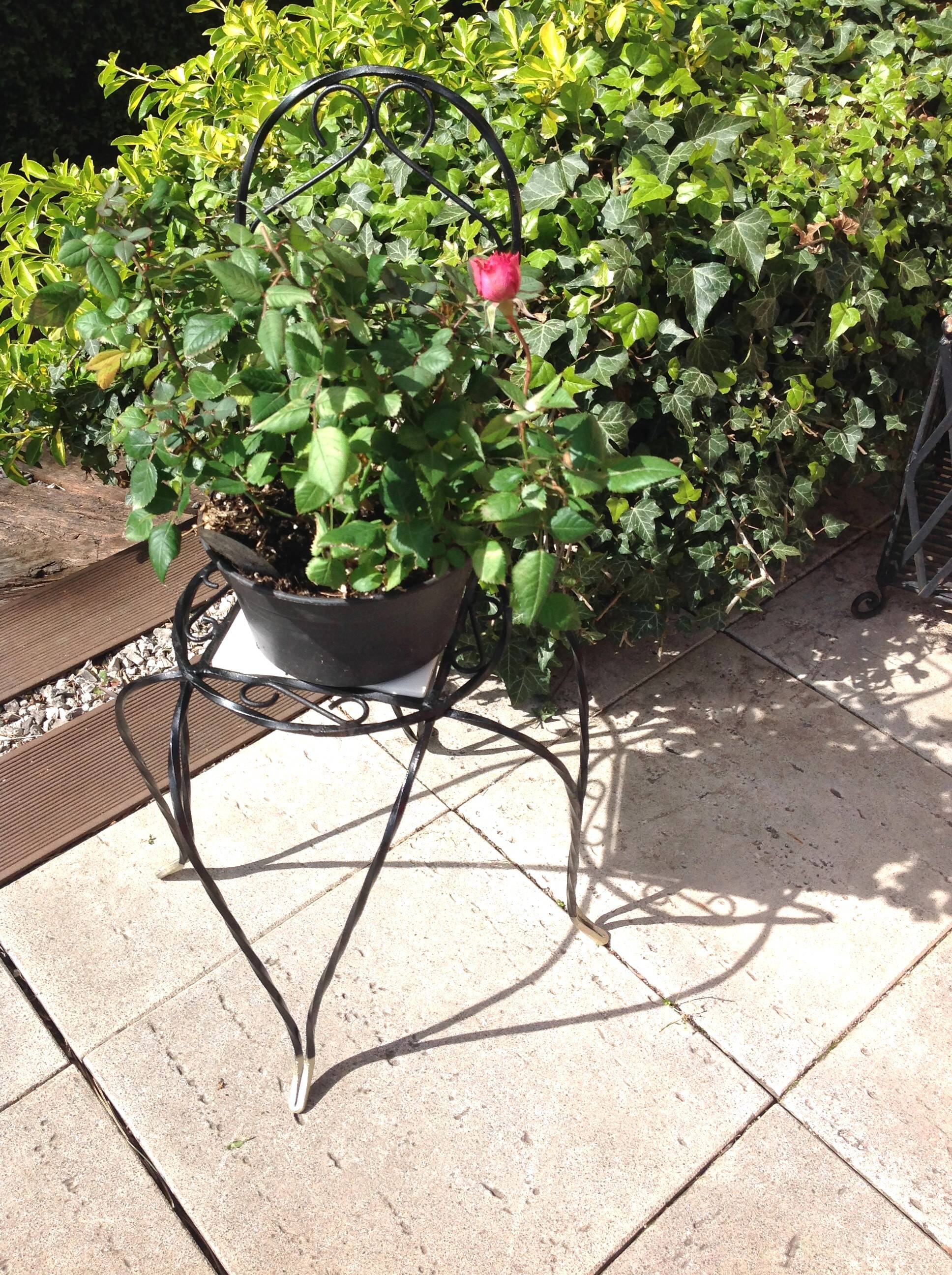 Plant holder "chair" in wrought iron and earthenware / vintage 60s-70s