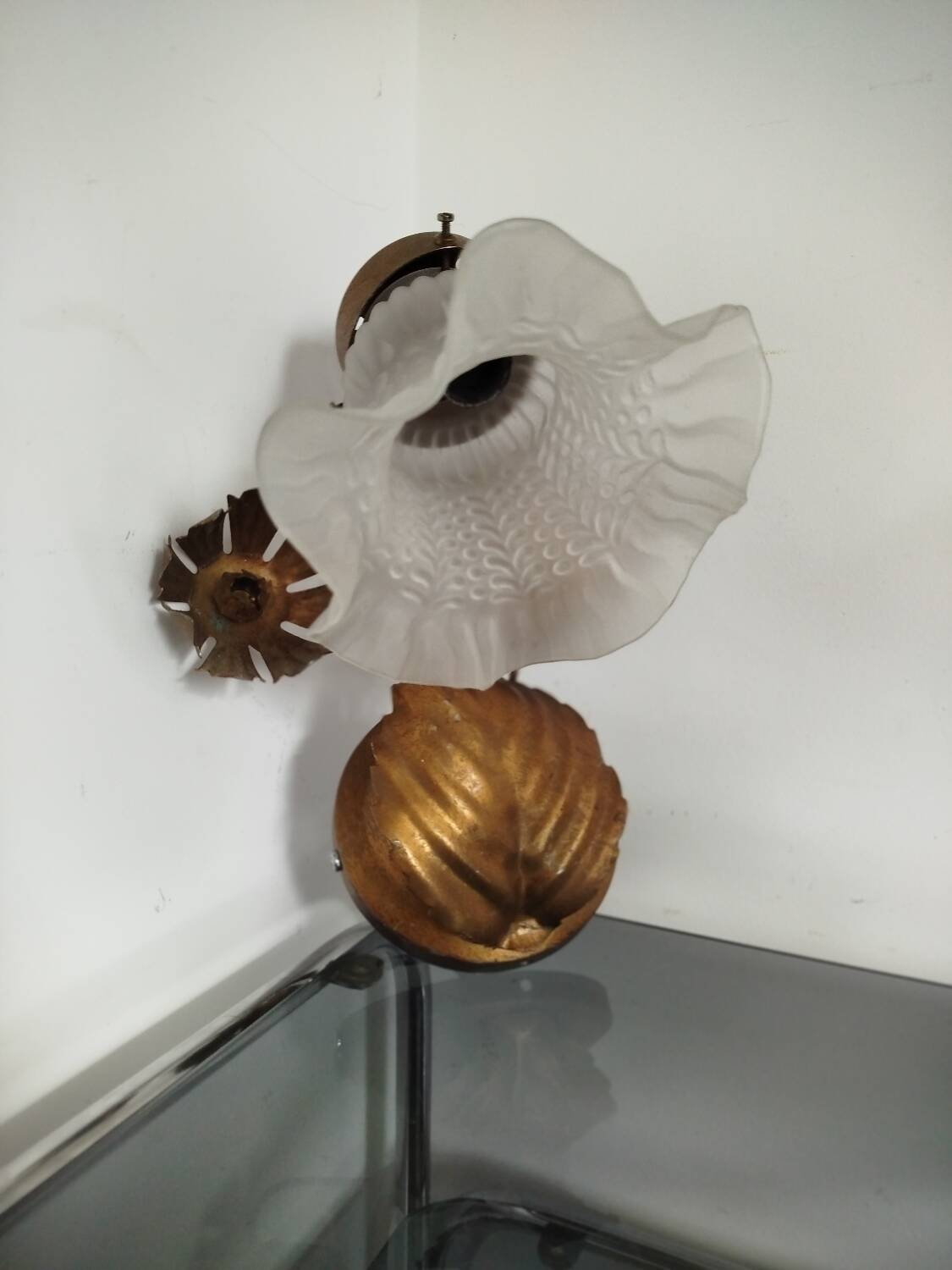 Pair of vintage flower & leaf style wall sconces - molded glass