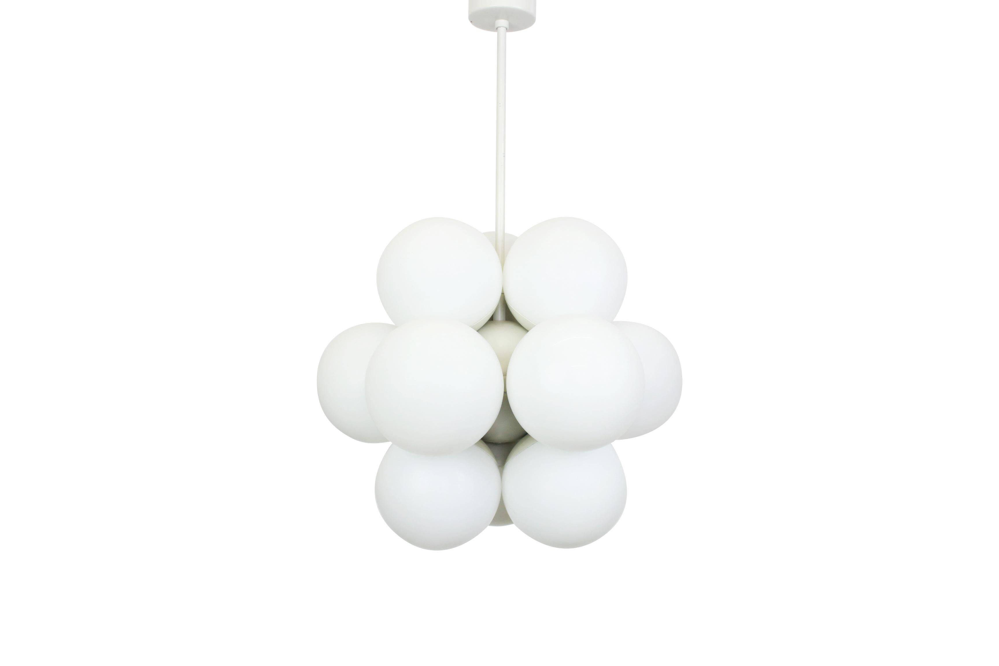 Kaiser Sputnik chandelier, molecular shape, 12 opal glasses, Germany, 1970s