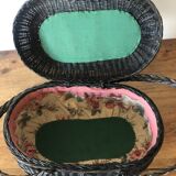 Old black picnic basket, lined inside
