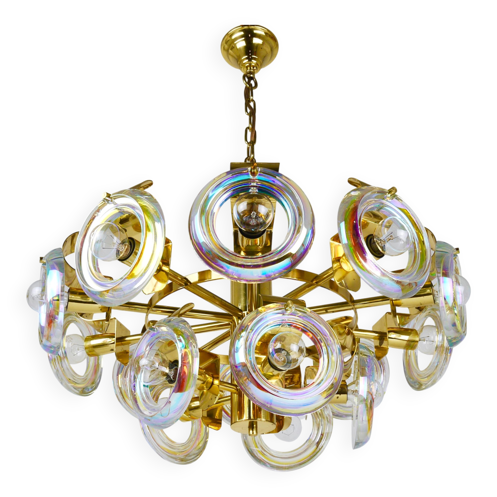 Large brass chandelier by Oscar Torlasco, rainbow optical glass rings, Italy, 1970s.
