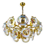 Large brass chandelier by Oscar Torlasco, rainbow optical glass rings, Italy, 1970s.