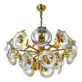 Grand lustre en laiton Oscar Torlasco, anneaux en verre optique arc-en-ciel, Italie, années 1970