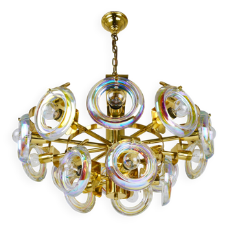 Large brass chandelier by Oscar Torlasco, rainbow optical glass rings, Italy, 1970s.
