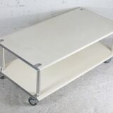 Coffee table in lacquered steel "cream", double trays, France, circa 1970