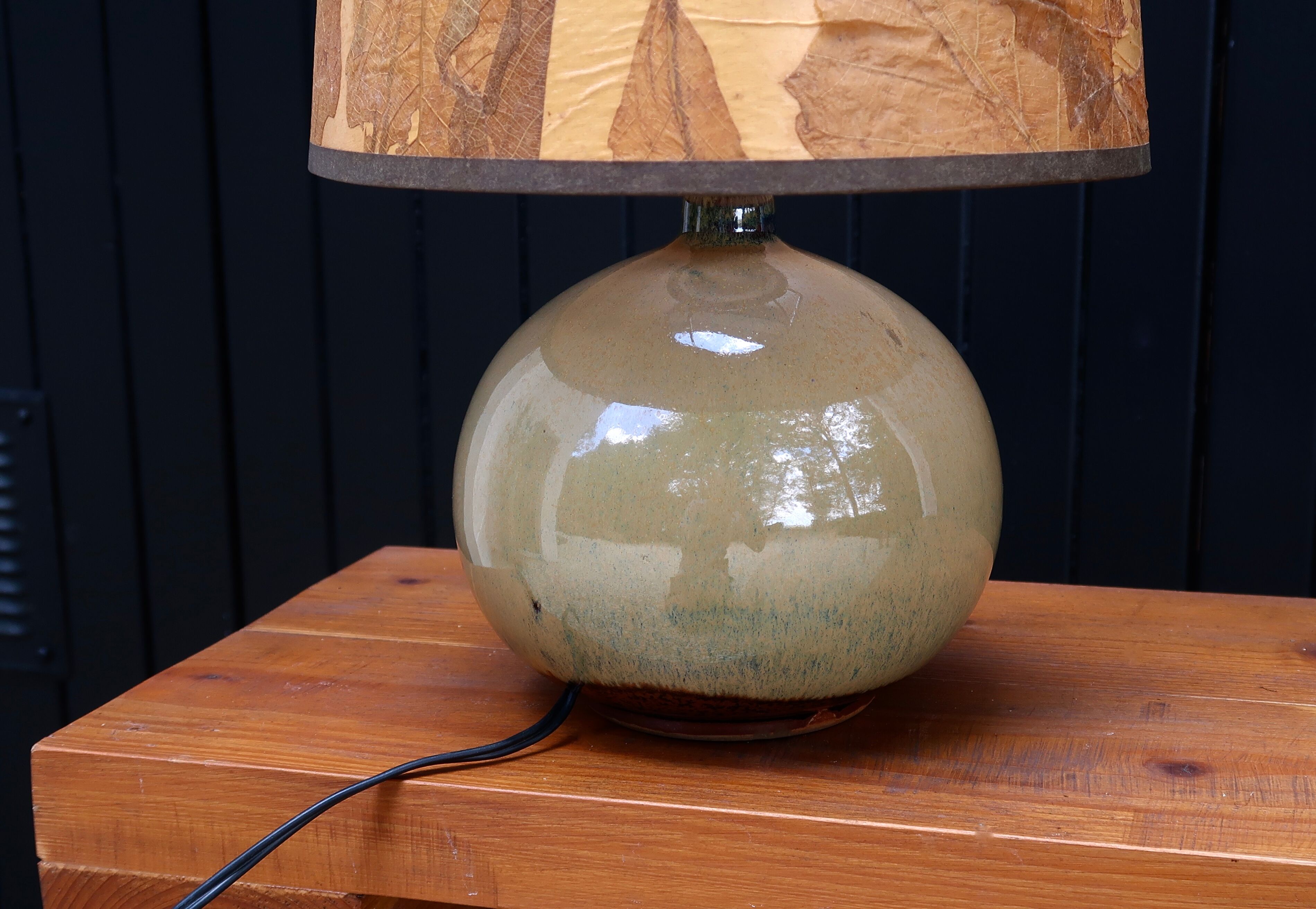 Beige ceramic lamp, herbarium-style lampshade, 70s