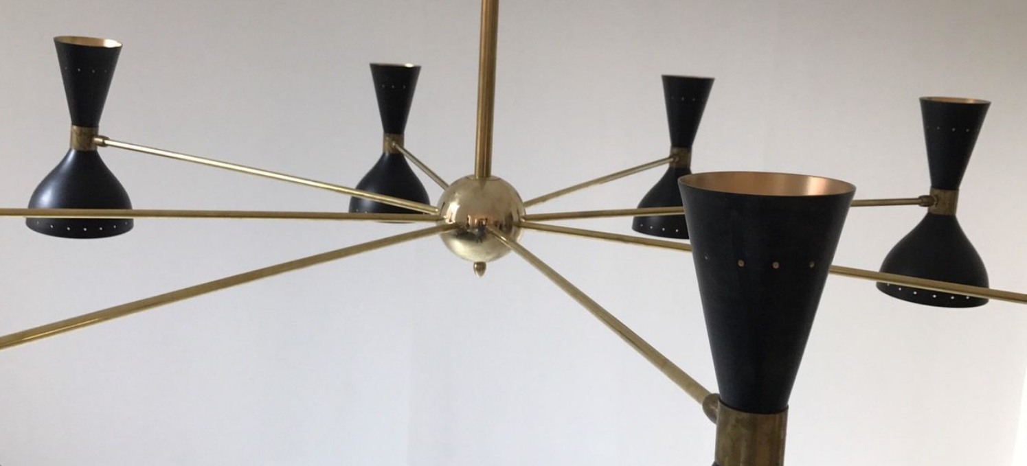 Brass and black painted metal chandelier